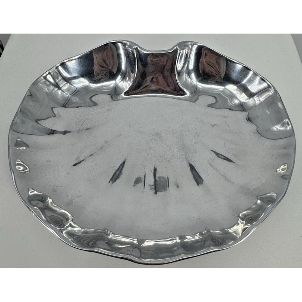 Vintage Pewter Shell Shaped Serving Bowl Scalloped Rim Mid Century Decor